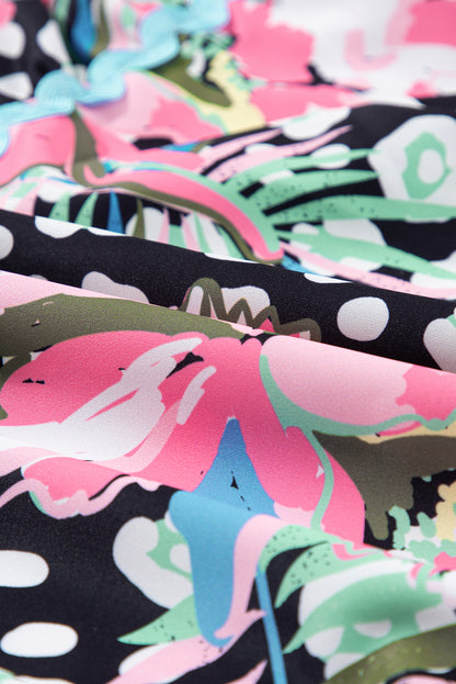 Pink Leopard Floral Print Wavy Embellished Mini Dress