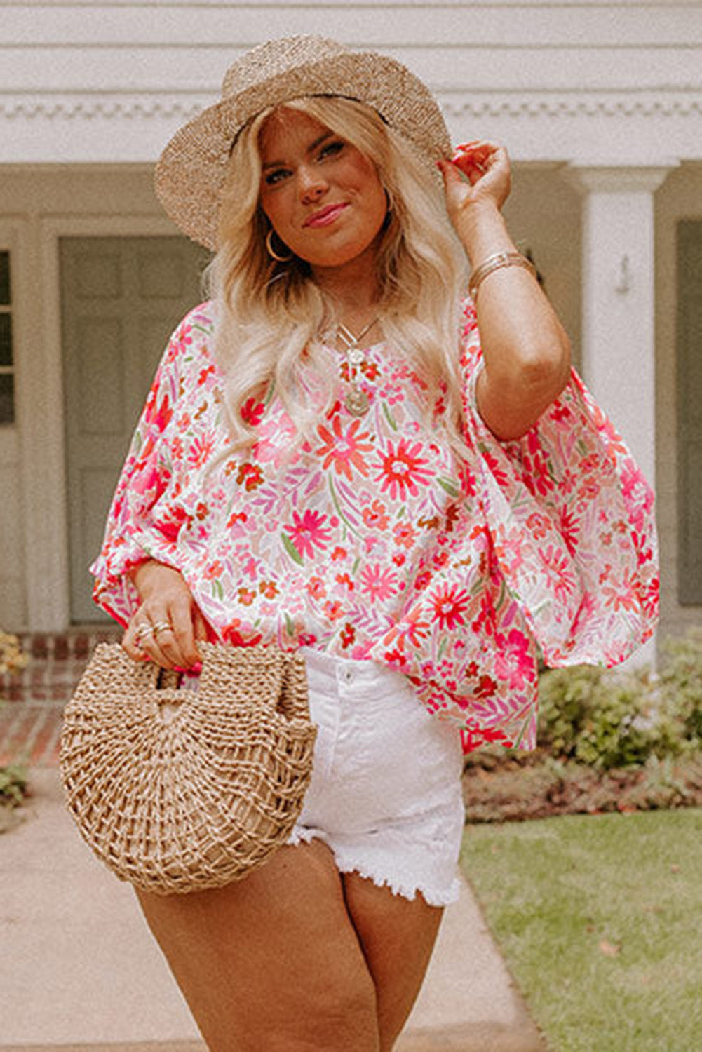 Pink Floral Ruffled Half Sleeve V-Neck Plus Size Blouse