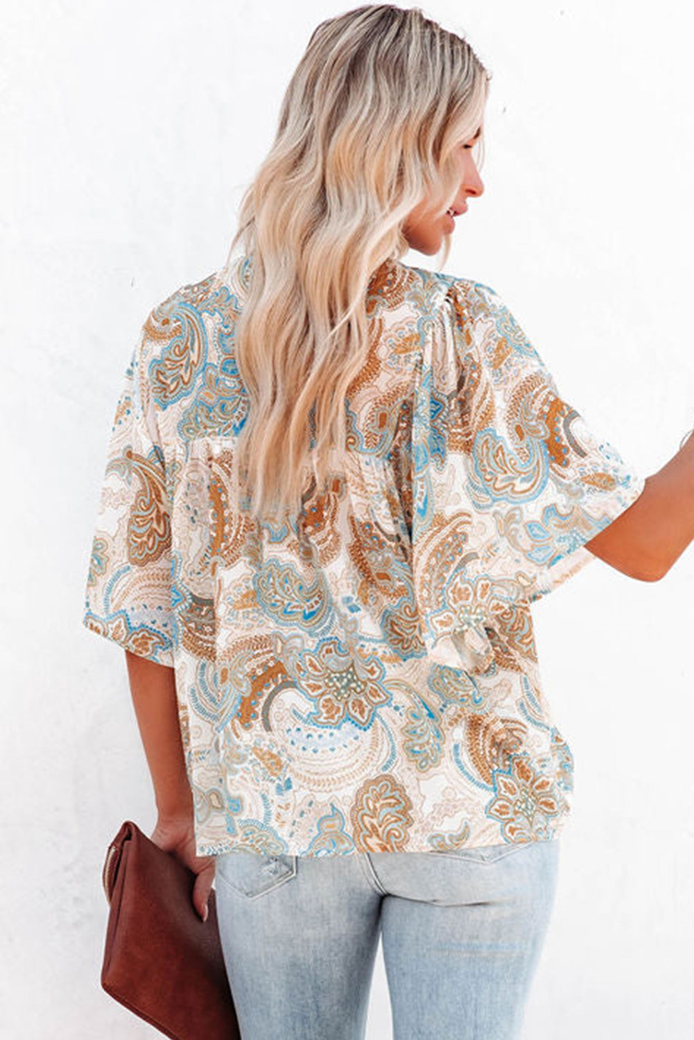 Sky Blue Paisley Pattern Print Drawstring V Neck Blouse