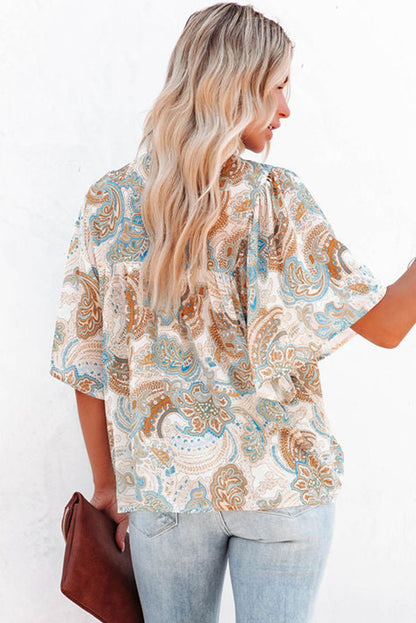 Sky Blue Paisley Pattern Print Drawstring V Neck Blouse