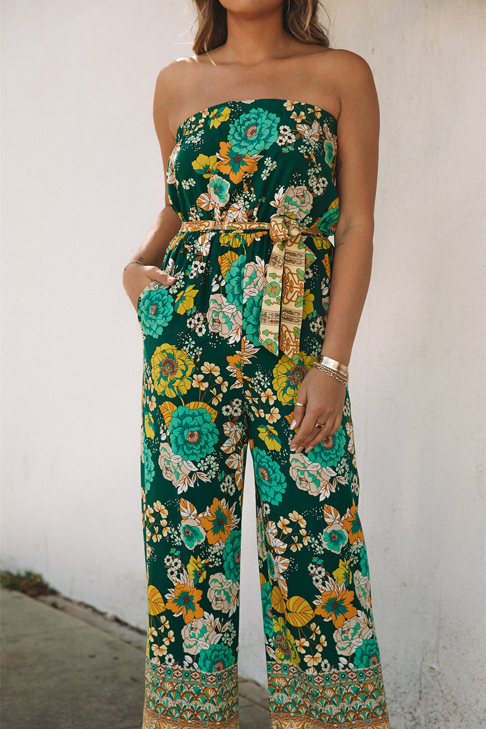 Green Boho Floral Belted Strapless Jumpsuit