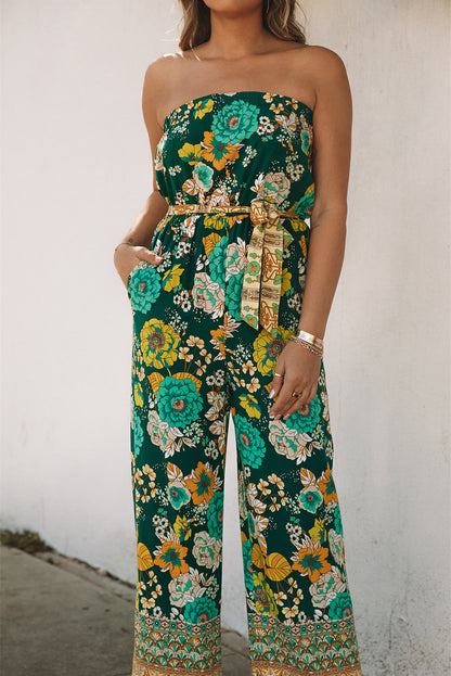 Green Boho Floral Belted Strapless Jumpsuit