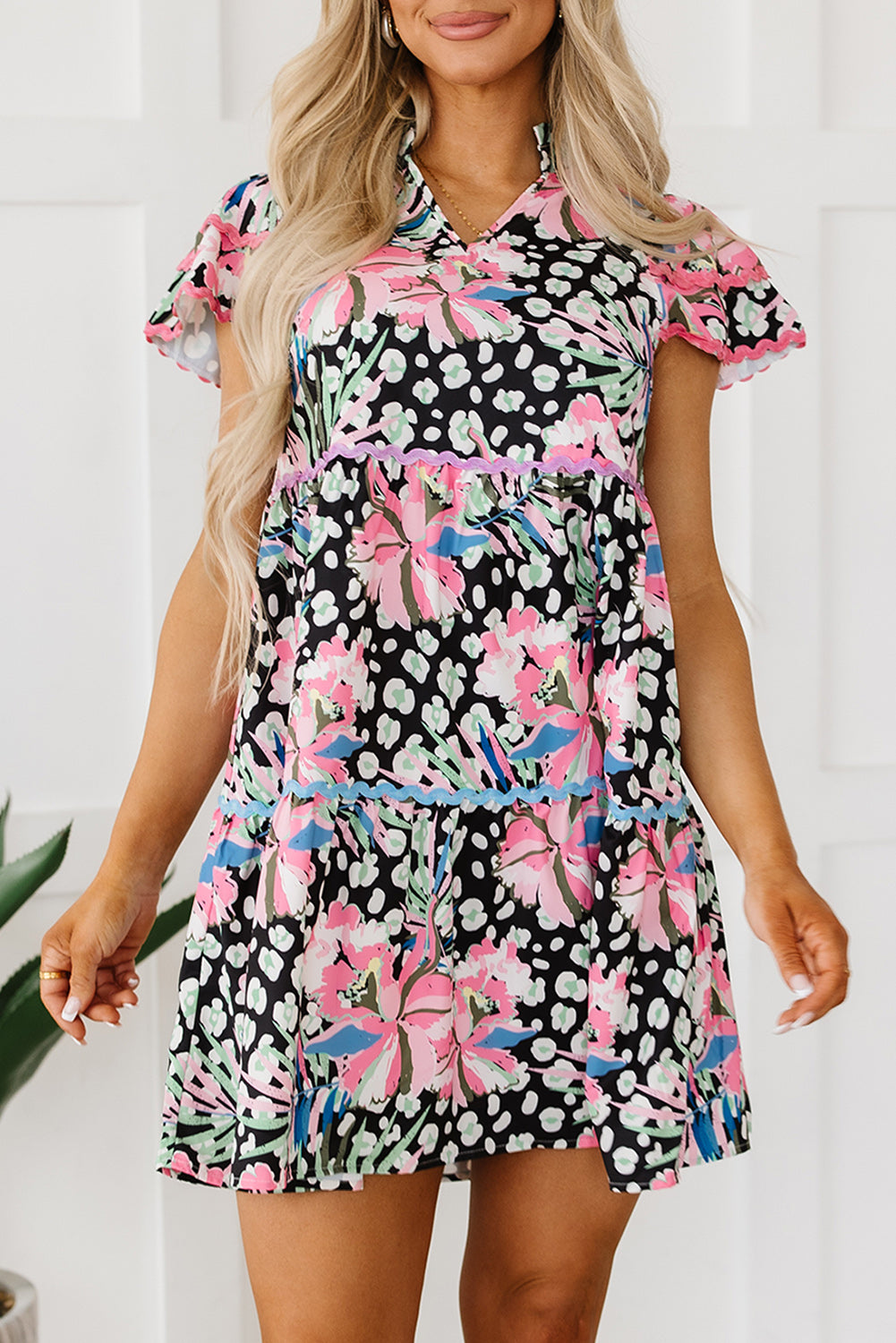 Pink Leopard Floral Print Wavy Embellished Mini Dress