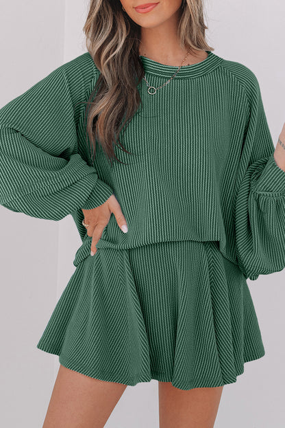 Mist Green Corded Lantern Sleeve Top High Waist Ruffled Mini Skirt Set