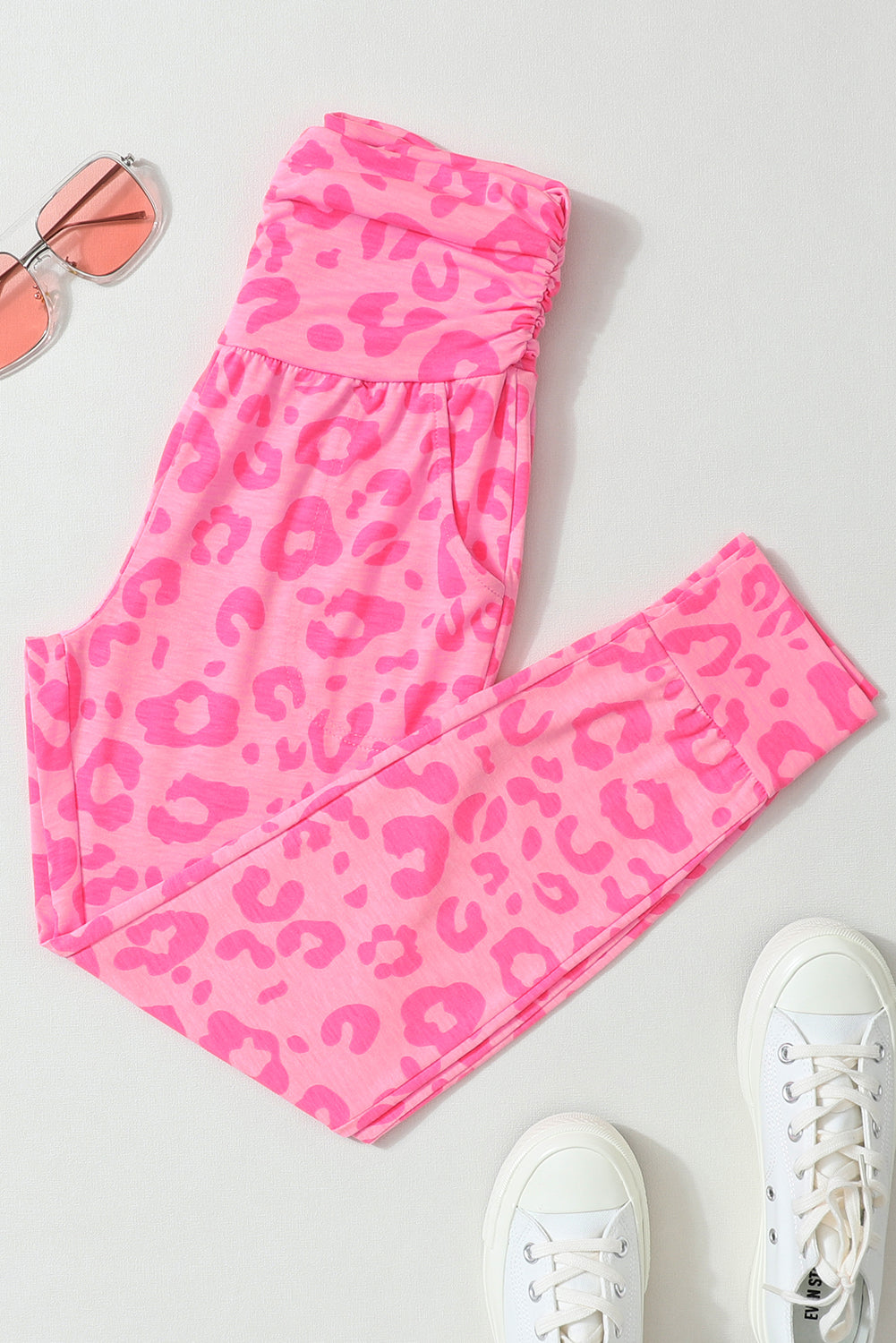 Pink Leopard Print Ankle-length High Waist Skinny Pants
