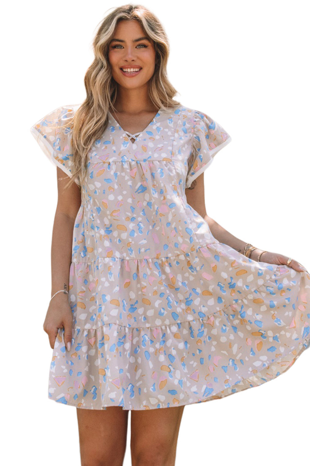 Rose Printed Crisscross Decor V Neck Flutter Sleeve Dress