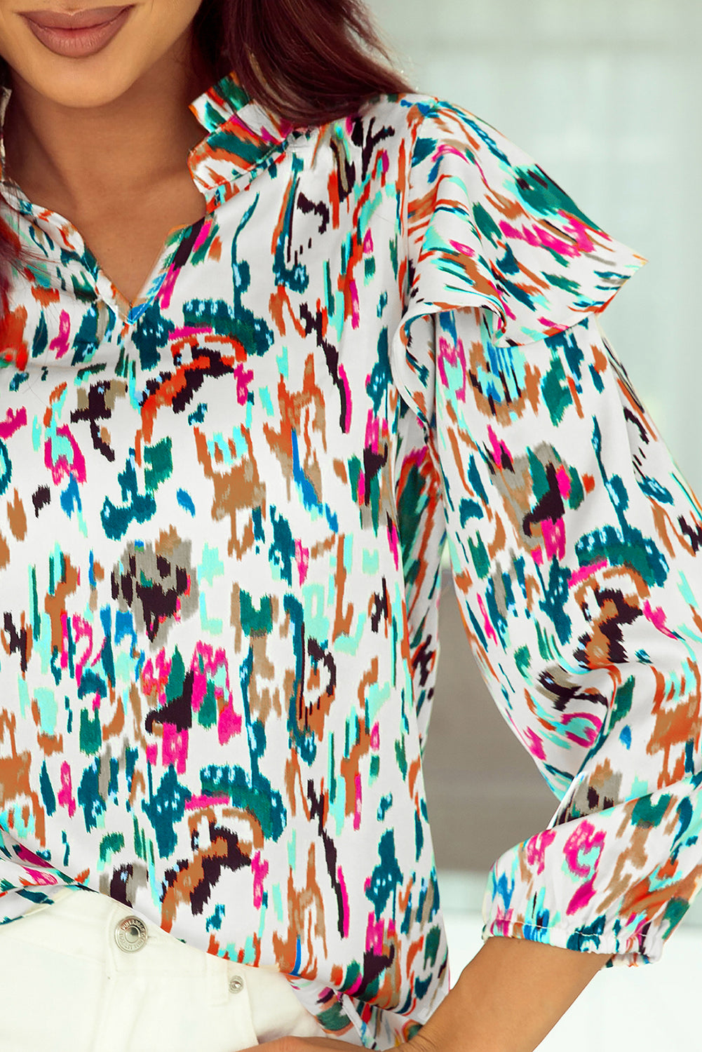 Multicolor Abstract Print Ruffled V Neck Plus Size Blouse