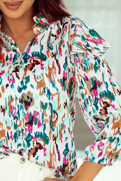 Multicolor Abstract Print Ruffled V Neck Plus Size Blouse