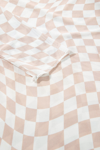 Khaki Checkered Pattern Mesh Mock Neck Long Sleeve Top