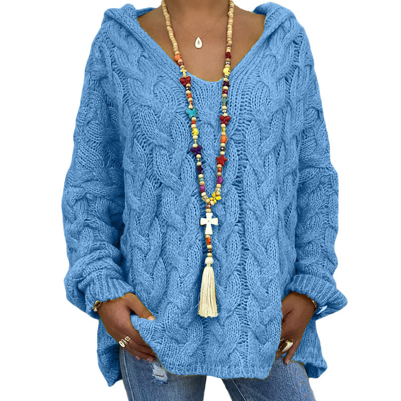Solid Color Twist Knitted Hoodie Sweater For Women