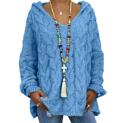 Solid Color Twist Knitted Hoodie Sweater For Women