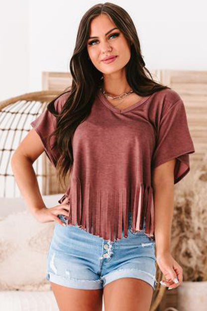 Red Fringe Hem V Neck T Shirt