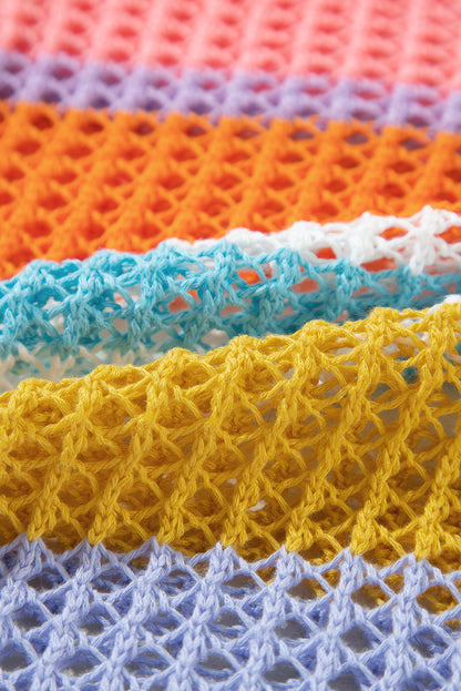 Pink Stripe Colorblock Hollowed Crochet 3/4 Sleeve Sweater