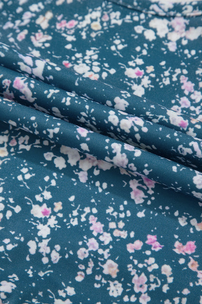 Orange Floral Color Block Patchwork Ruffled Hem Round Neck Blouse