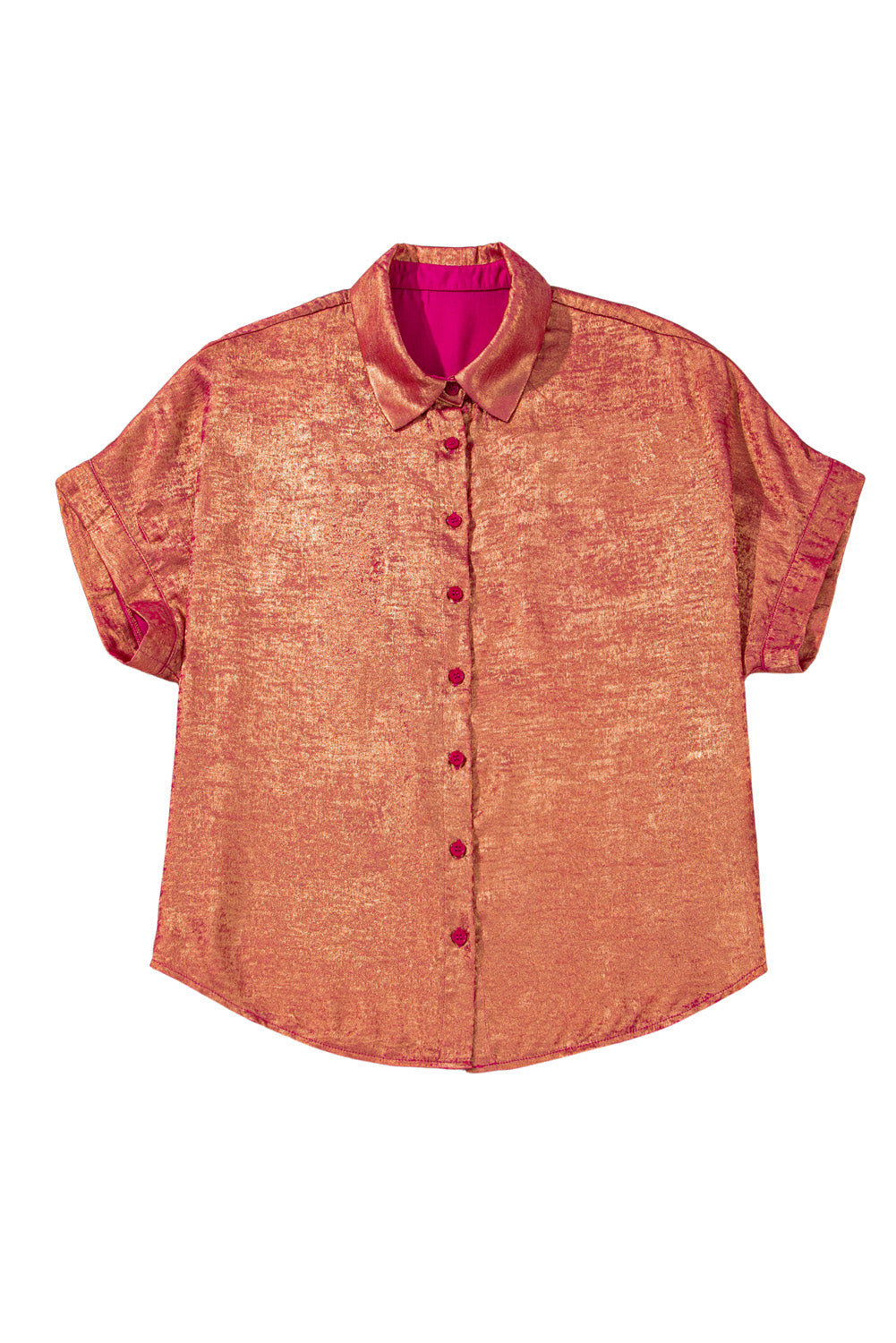 Rose Red Plus Size Metallic Sheen Short Sleeve Button Up Shirt