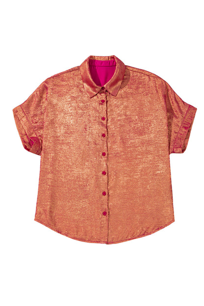 Rose Red Plus Size Metallic Sheen Short Sleeve Button Up Shirt