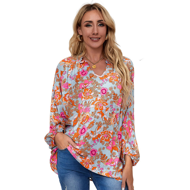 New Printed Chiffon Shirt Summer Thin V-neck