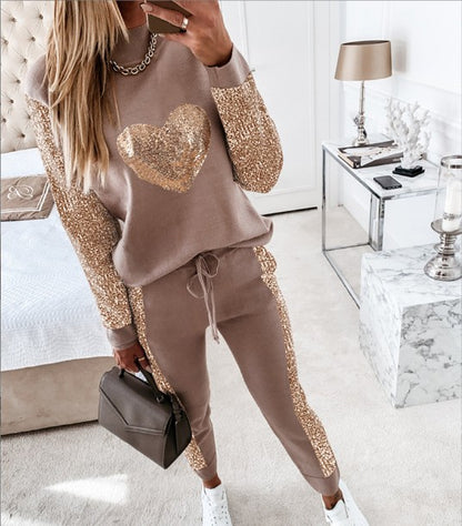 Women's Love Sequined Turtleneck Top And Trousers Casual Suit