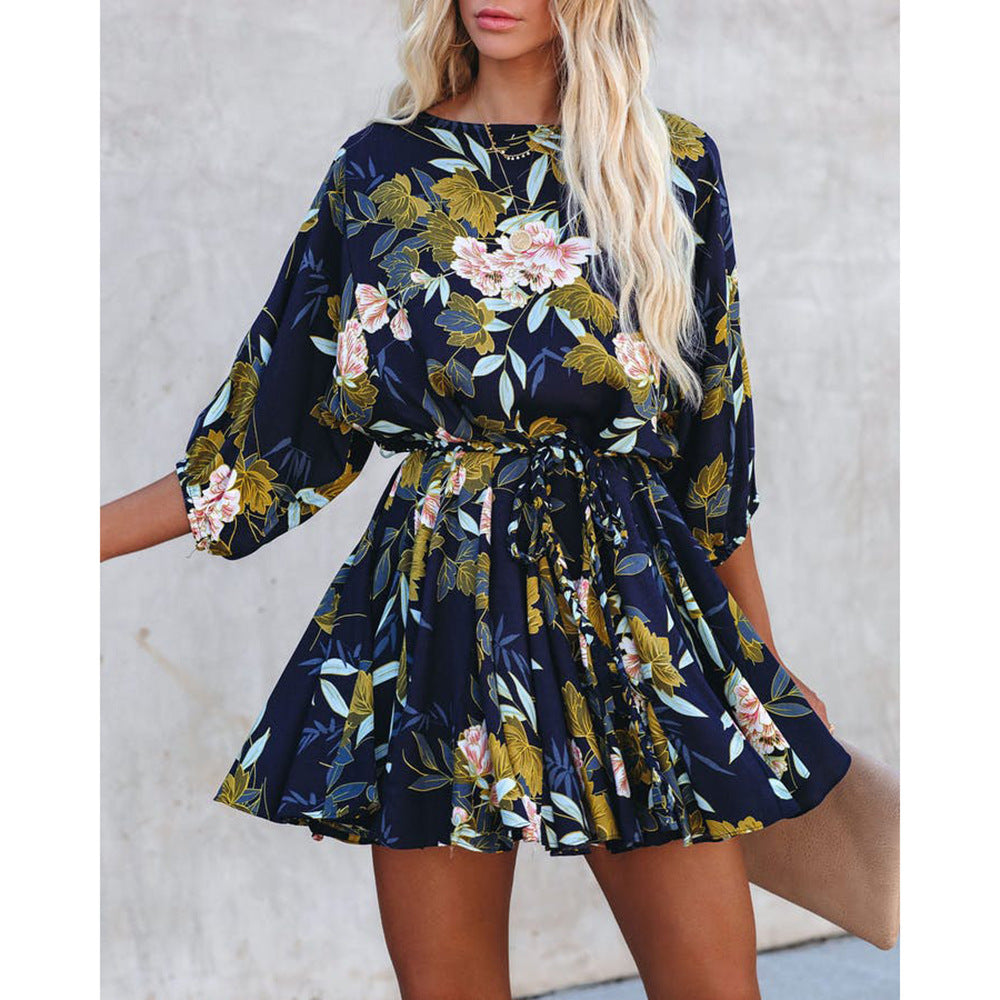 Fashion Flower Round Neck Three-quarter Sleeve Casual Swing Dress