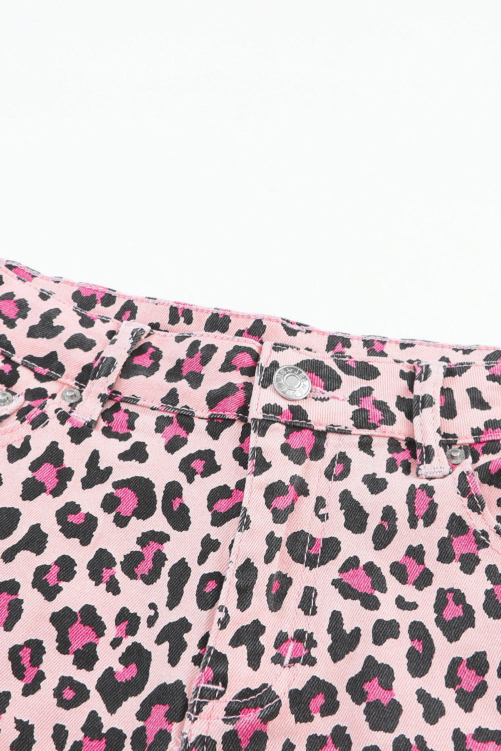 Pink Leopard Print Raw Hem Denim Shorts
