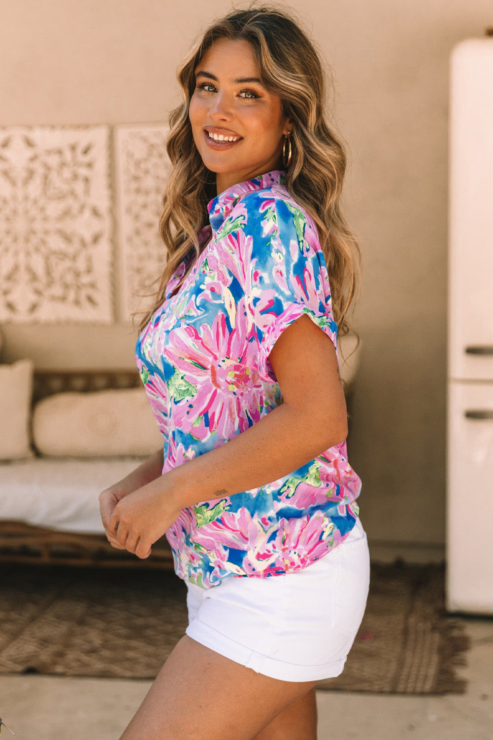 Pink Floral Print Buttoned V Neck Shirt