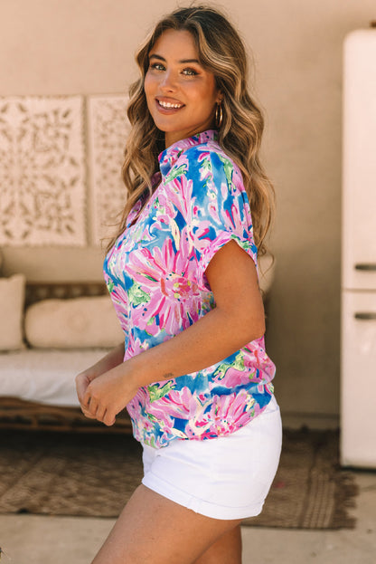 Pink Floral Print Buttoned V Neck Shirt