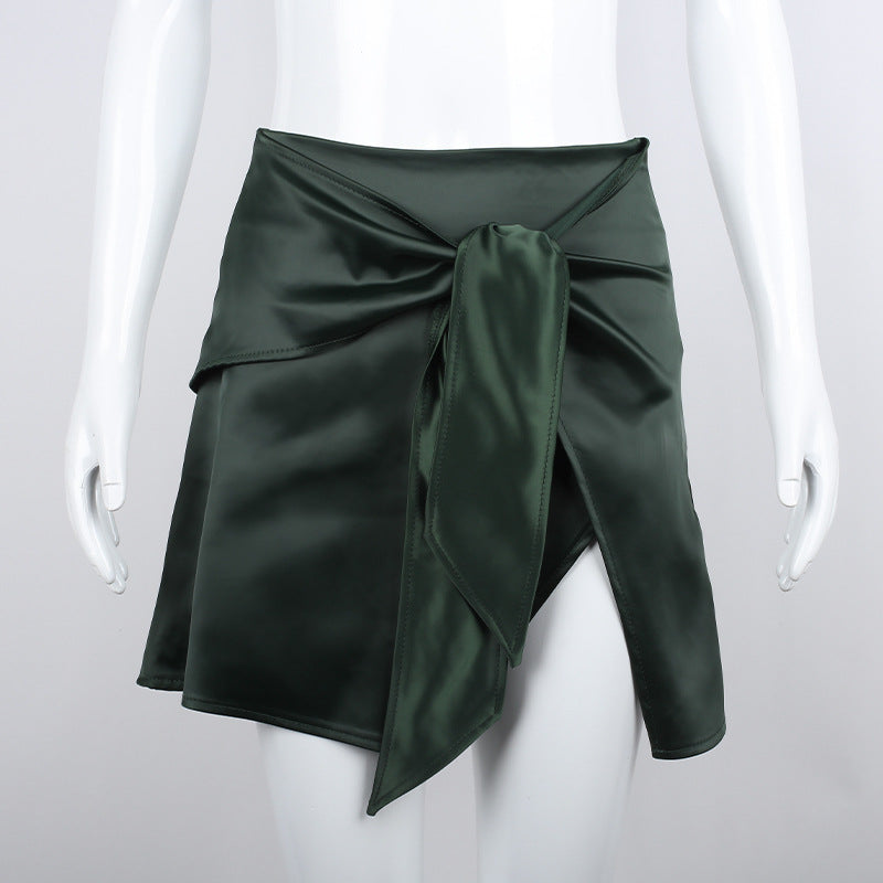 European Women's Clothing Pure Color Tied High Waist Slit Irregular Skirt