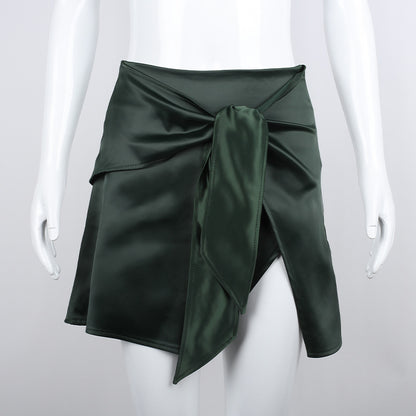 European Women's Clothing Pure Color Tied High Waist Slit Irregular Skirt