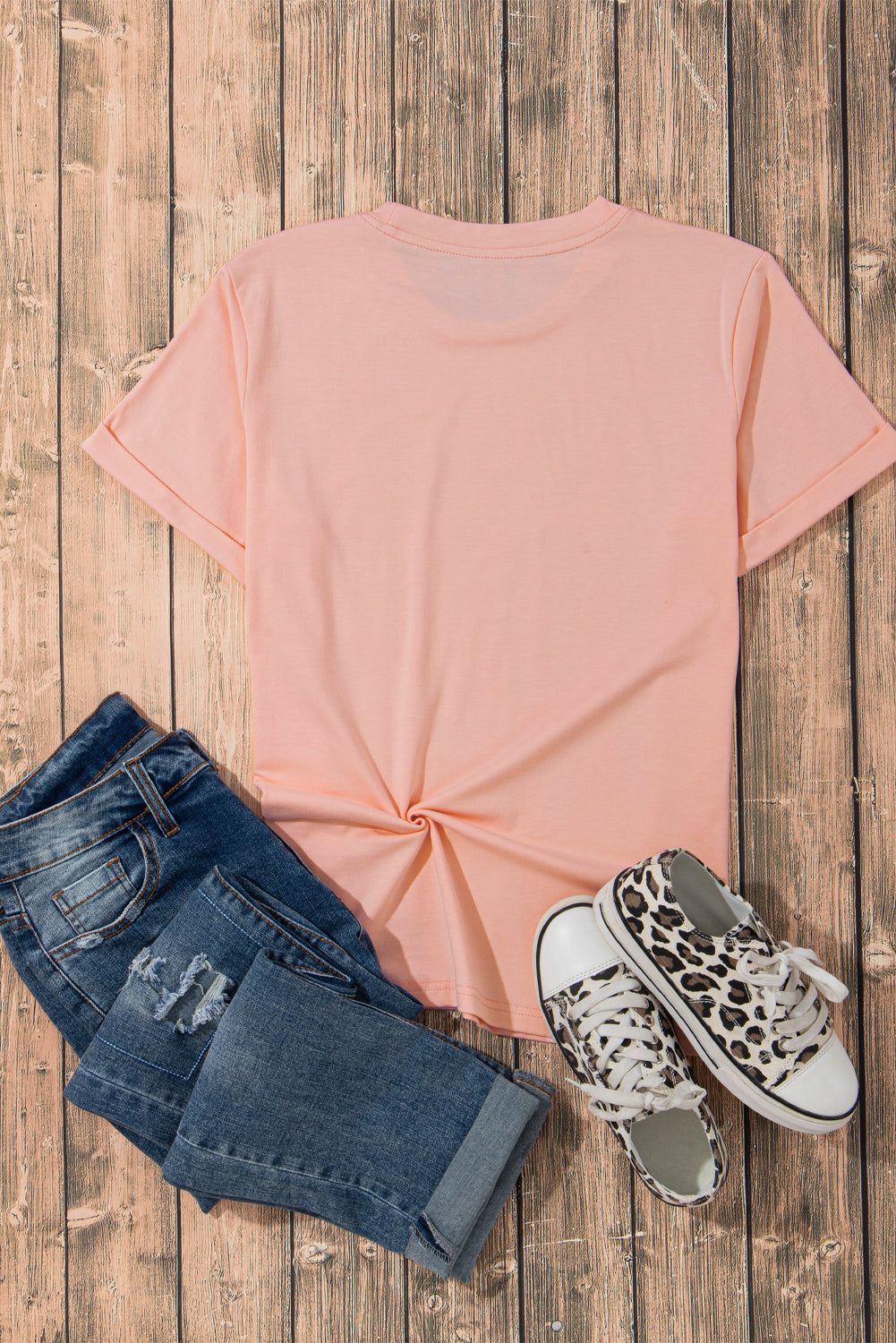 Pink Casual Plain Crew Neck Tee