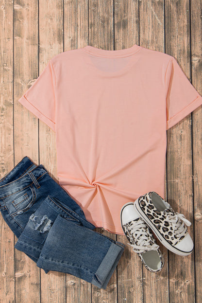 Pink Casual Plain Crew Neck Tee
