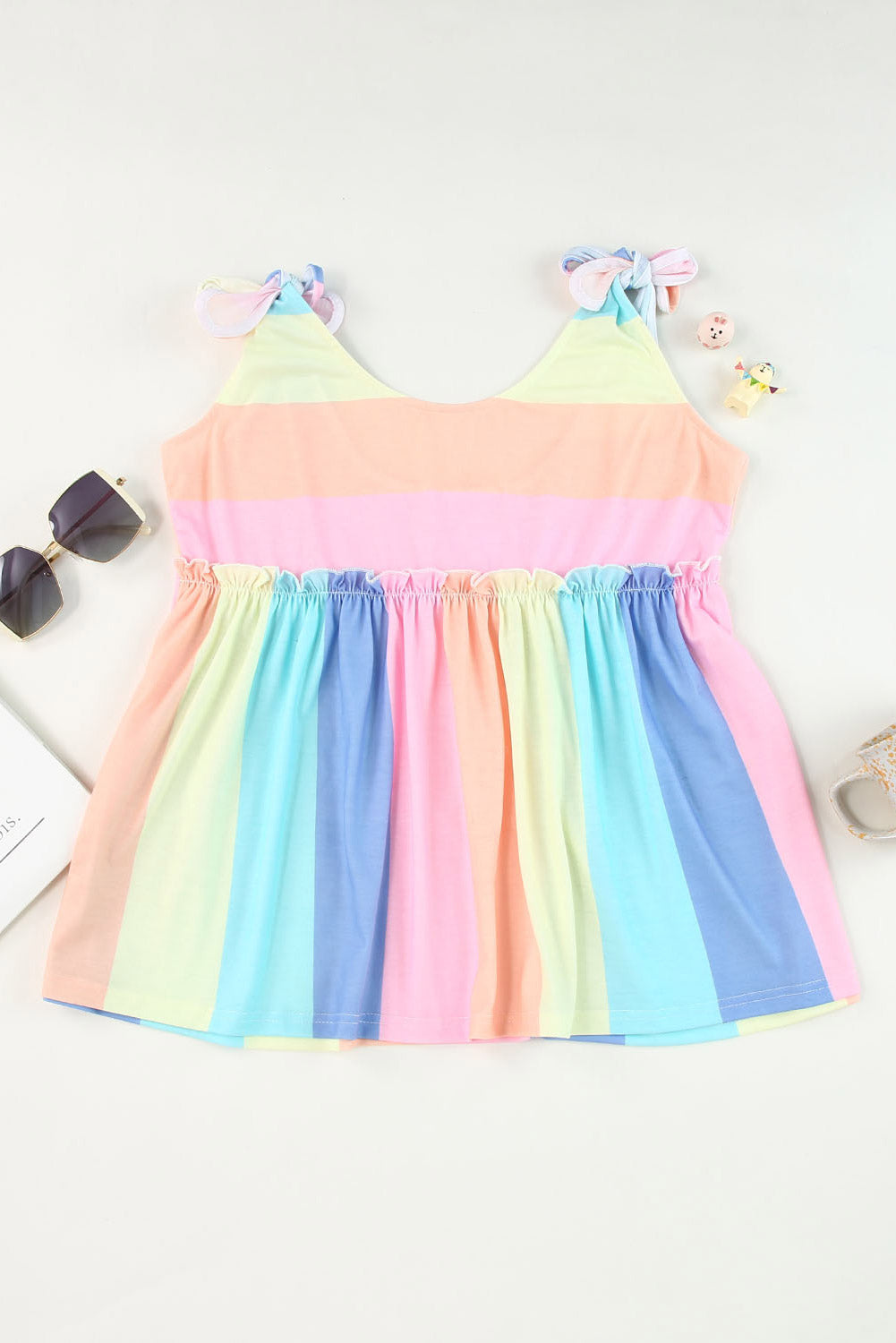 Multicolor Striped Print High Waist Short Sleeve Romper with Pockets