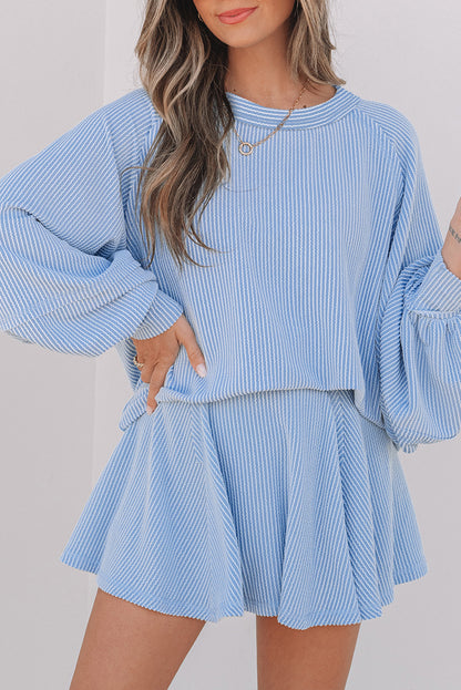 Sky Blue Corded Lantern Sleeve Top High Waist Ruffled Mini Skirt Set