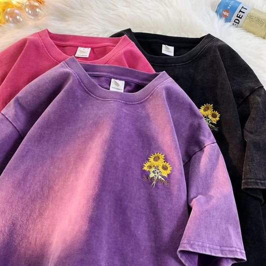 Sunflower Embroidered Washed Short-sleeved T-shirt For Men