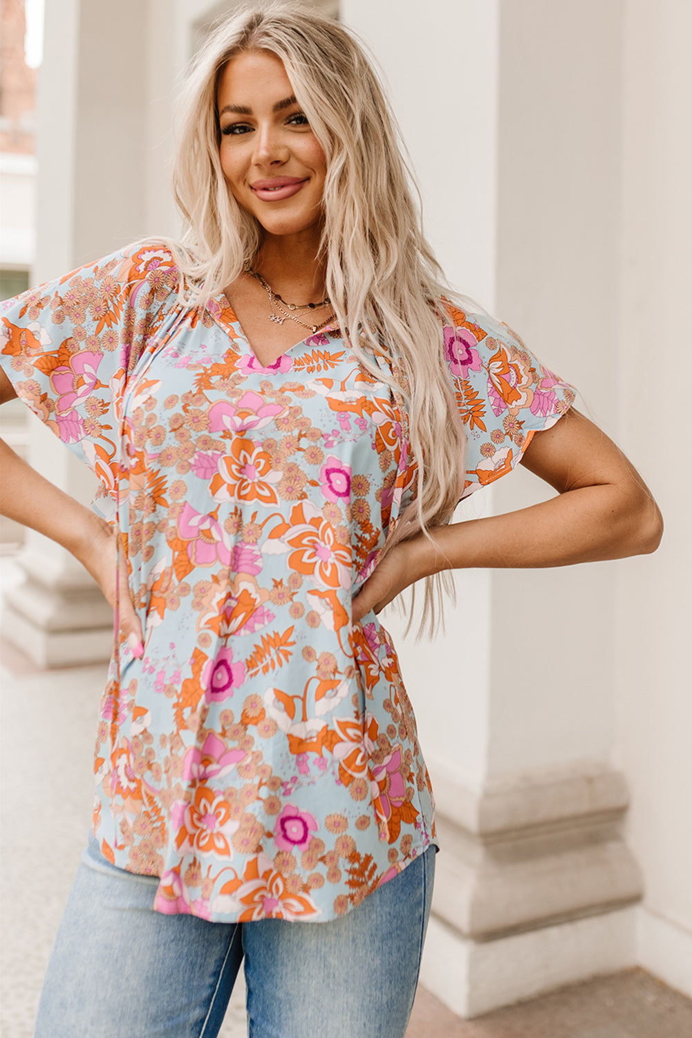 Brown Vintage Floral Smocked Bodice Flare Sleeve Tiered Long Dress