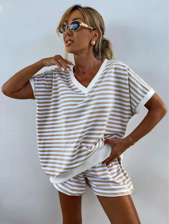 Womens 2-piece Knitted Striped Loose Sweatshirt And High-waisted Shorts Casual Set