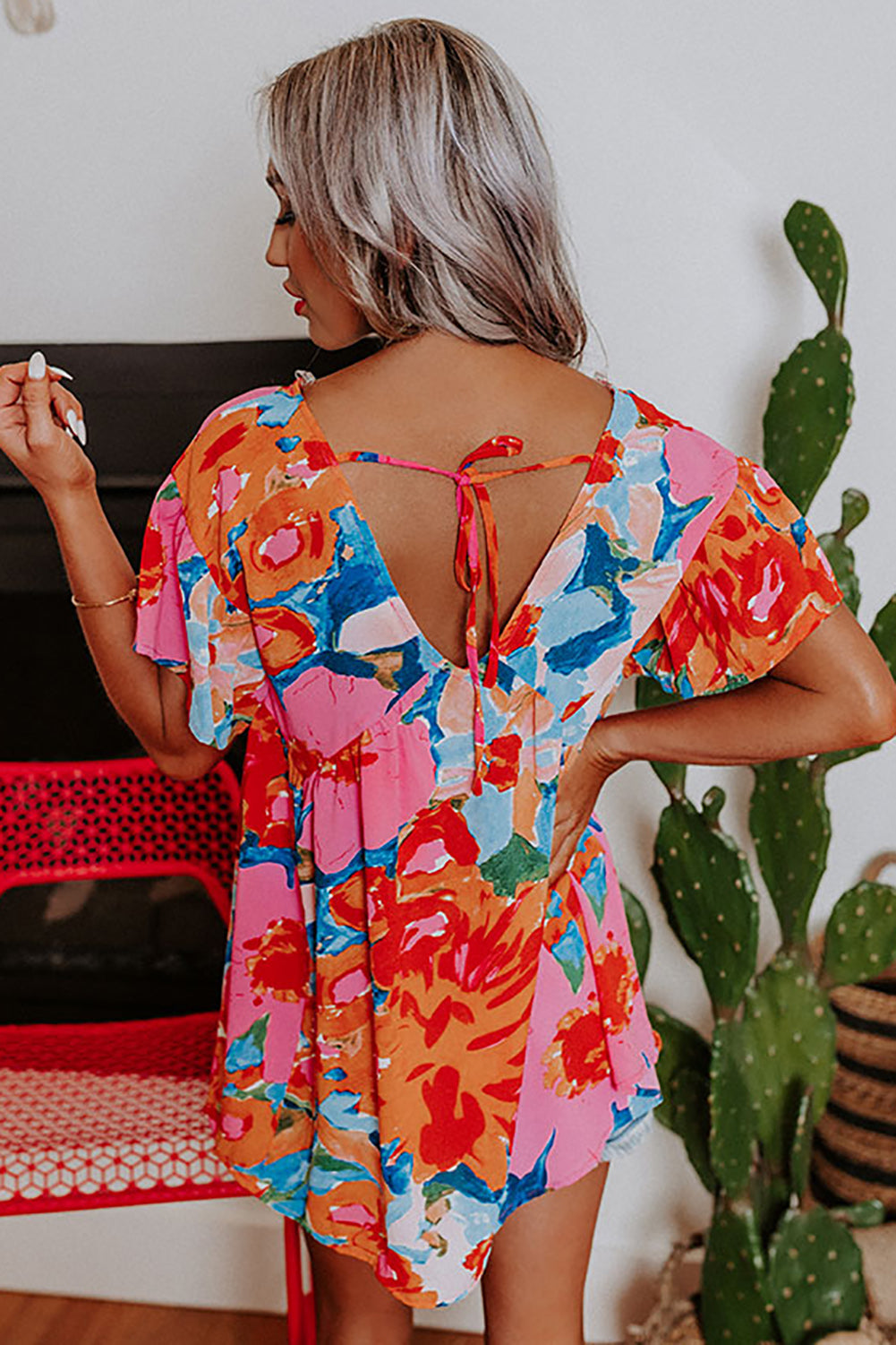 Red Abstract Floral Print V Neck Plus Blouse