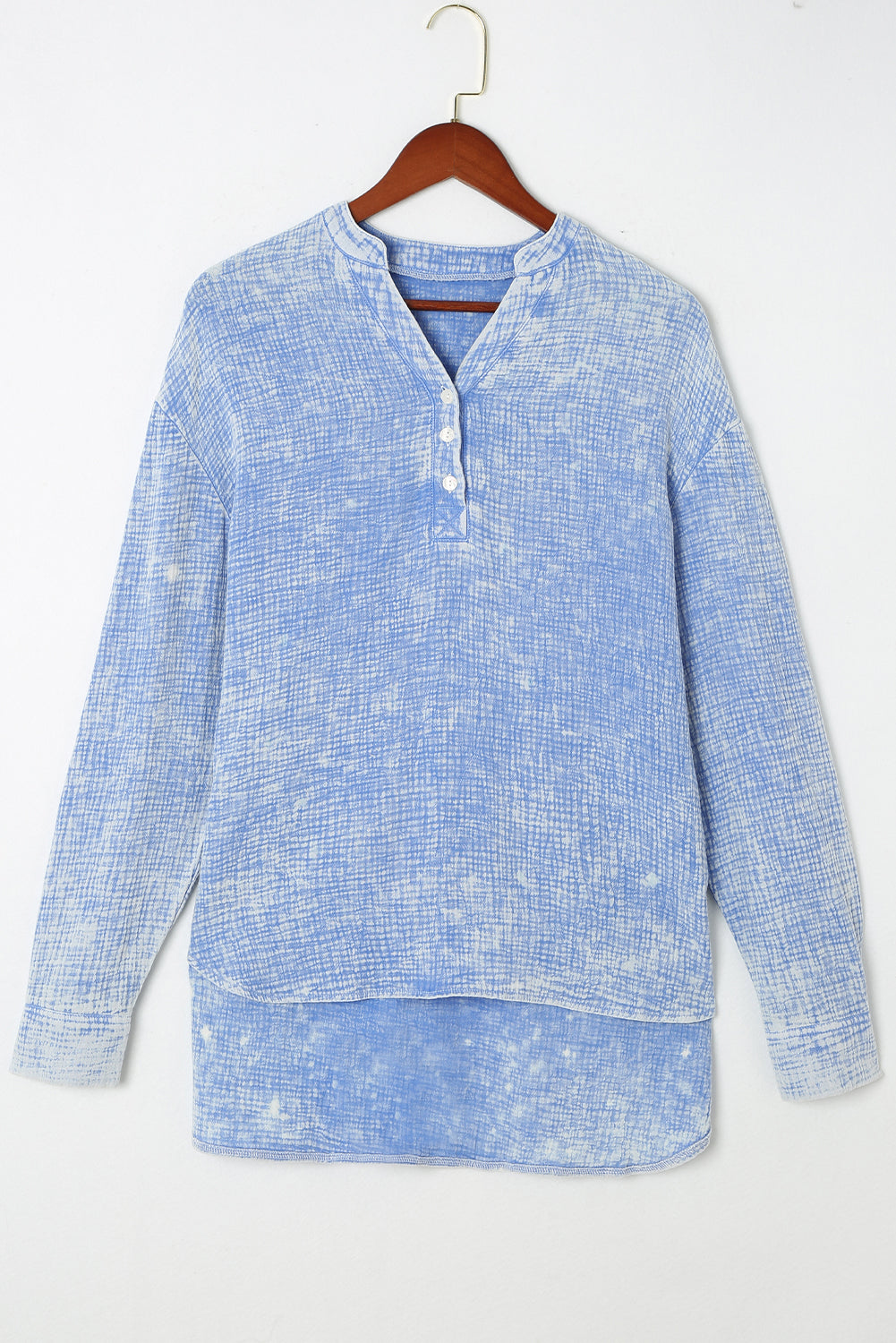 Light Blue Plus Size Split Neck Buttons Crinkled Blouse