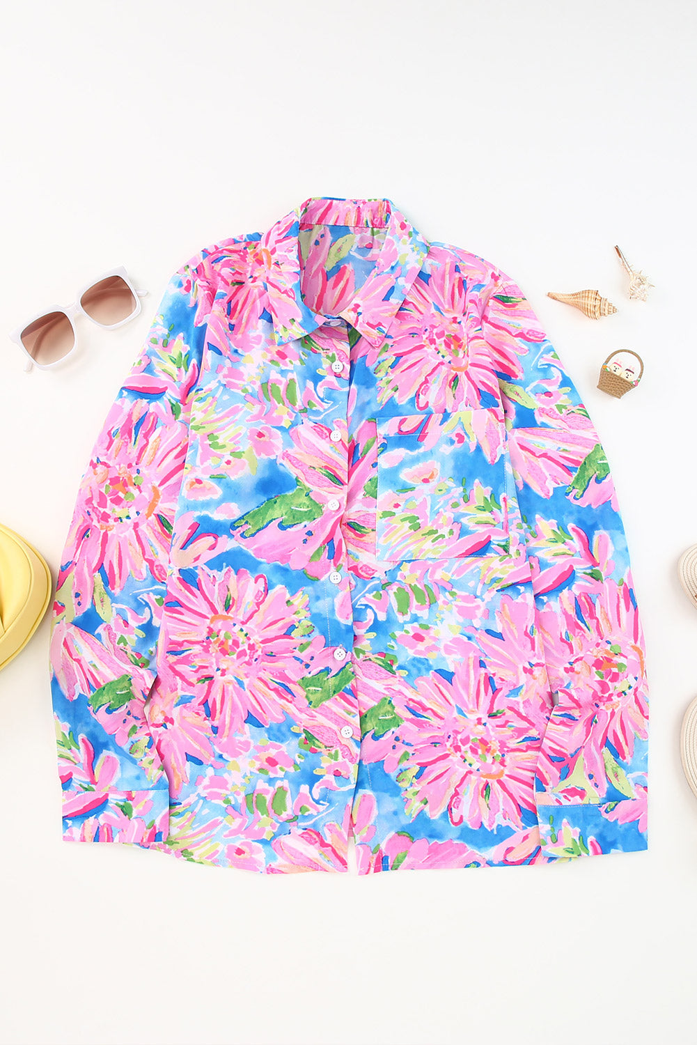 Pink Floral Print Buttoned V Neck Shirt