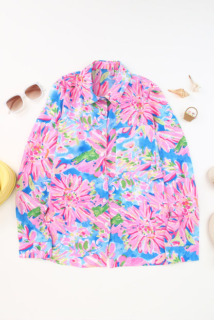 Pink Floral Print Buttoned V Neck Shirt