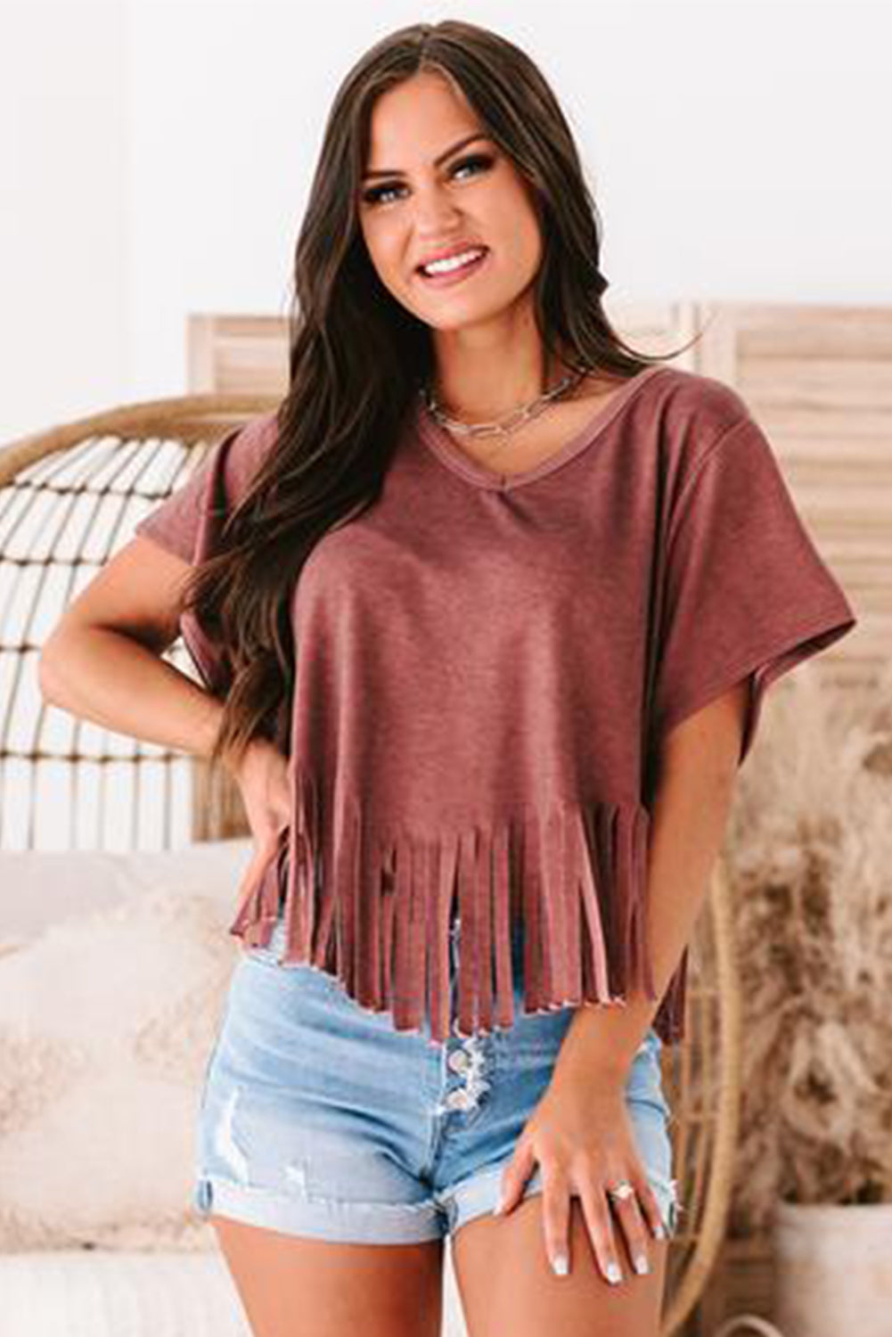 Red Fringe Hem V Neck T Shirt