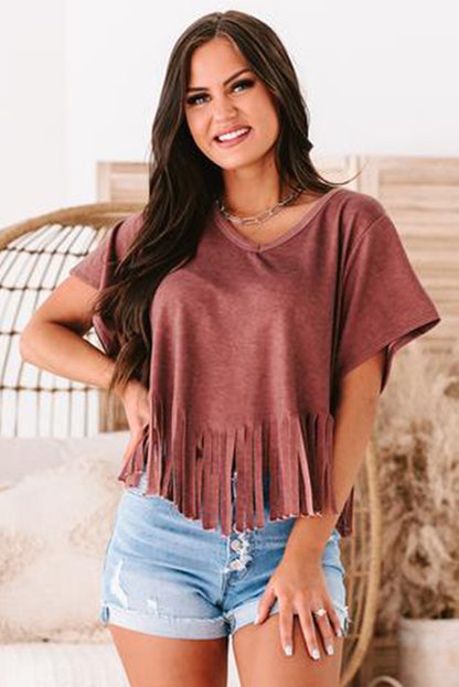 Red Fringe Hem V Neck T Shirt