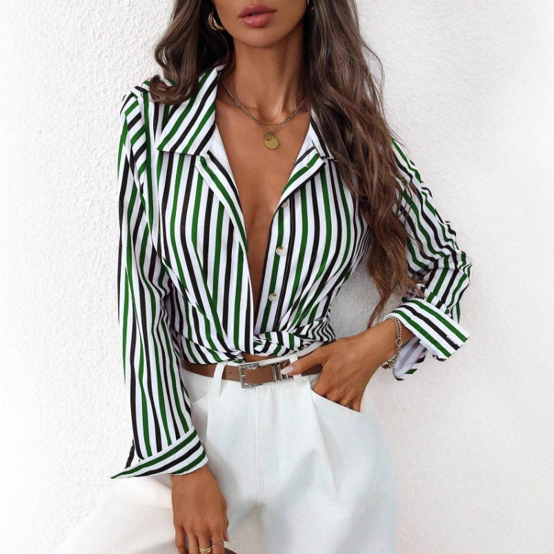 Womens Single-breasted Long-sleeve Casual Striped Shirt