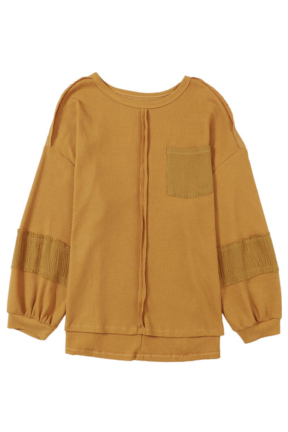 Chestnut Leopard Patchwork Chest Pocket Corded Henley Top