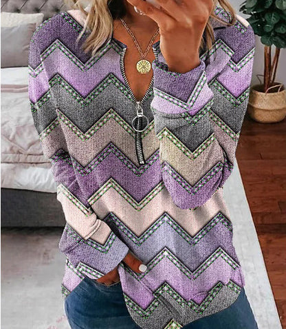 Striped Printed Long-sleeve Zipper Foreign Trade Women's Top