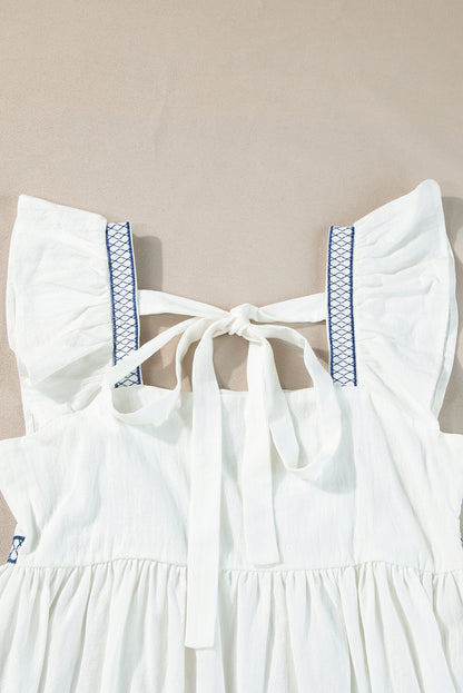 White Embroidered Bust Square Neck Peplum Blouse