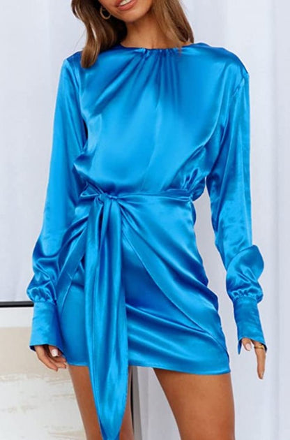 Women's Long Sleeve Round Neck Elastic Lace-up Satin Dress