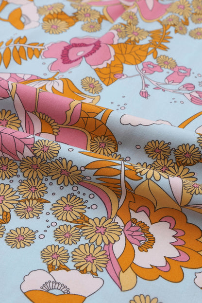 Brown Vintage Floral Smocked Bodice Flare Sleeve Tiered Long Dress