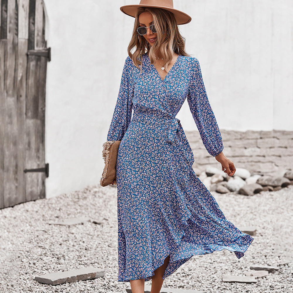 Autumn And Winter Floral Dress With Chest Wrap And Tie Large Swing Skirt Leisure Holiday Style