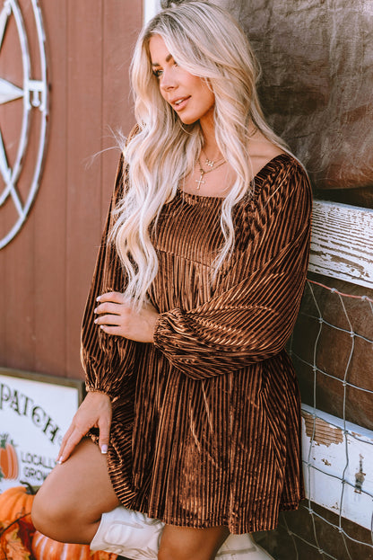 Blackish Green Smocked Ribbed Velvet Babydoll Top