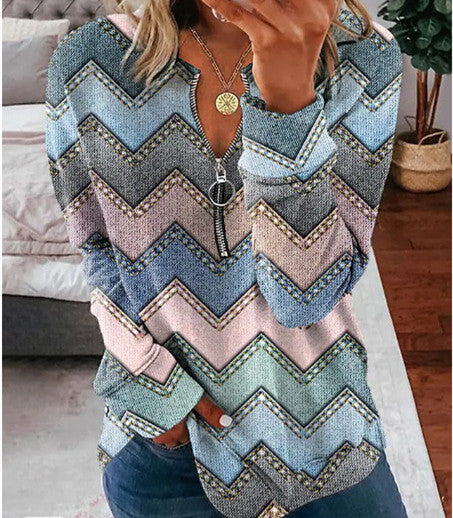 Striped Printed Long-sleeve Zipper Foreign Trade Women's Top